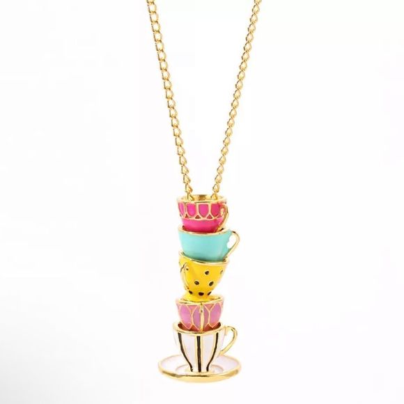 Boho Teacup Teapot Multicolor Necklace 20” - Picture 1 of 4